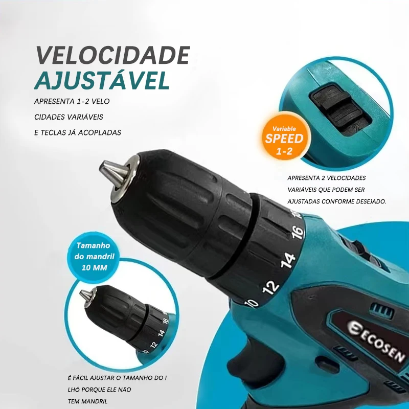 Furadeira, Parafusadeira, Chave de fenda elétrica, bateria 12V, carregador e conector incluído
