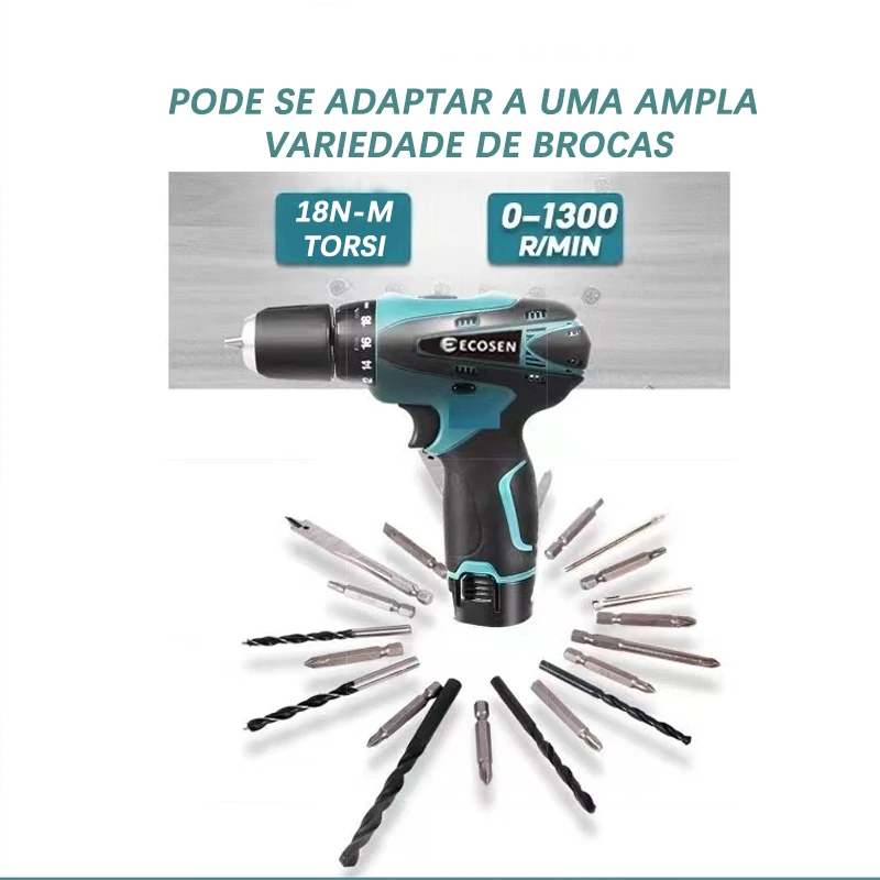 Furadeira, Parafusadeira, Chave de fenda elétrica, bateria 12V, carregador e conector incluído