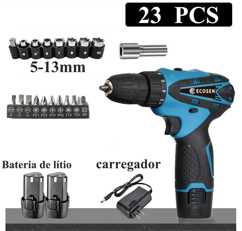 Furadeira, Parafusadeira, Chave de fenda elétrica, bateria 12V, carregador e conector incluído