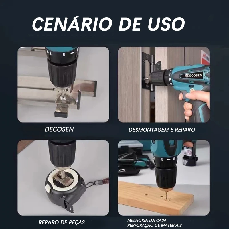 Furadeira, Parafusadeira, Chave de fenda elétrica, bateria 12V, carregador e conector incluído
