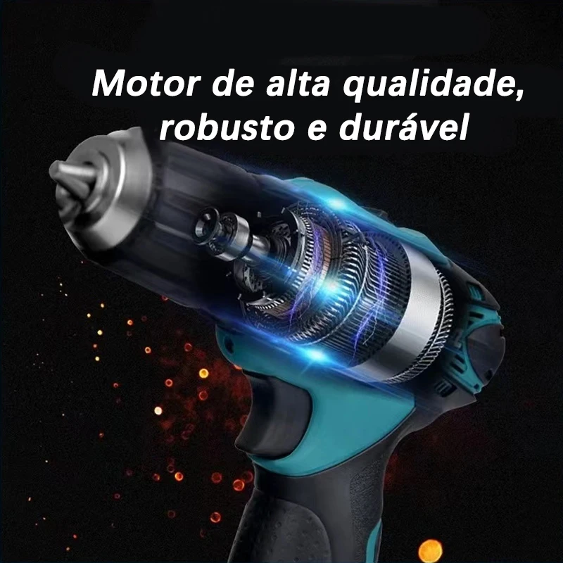 Furadeira, Parafusadeira, Chave de fenda elétrica, bateria 12V, carregador e conector incluído