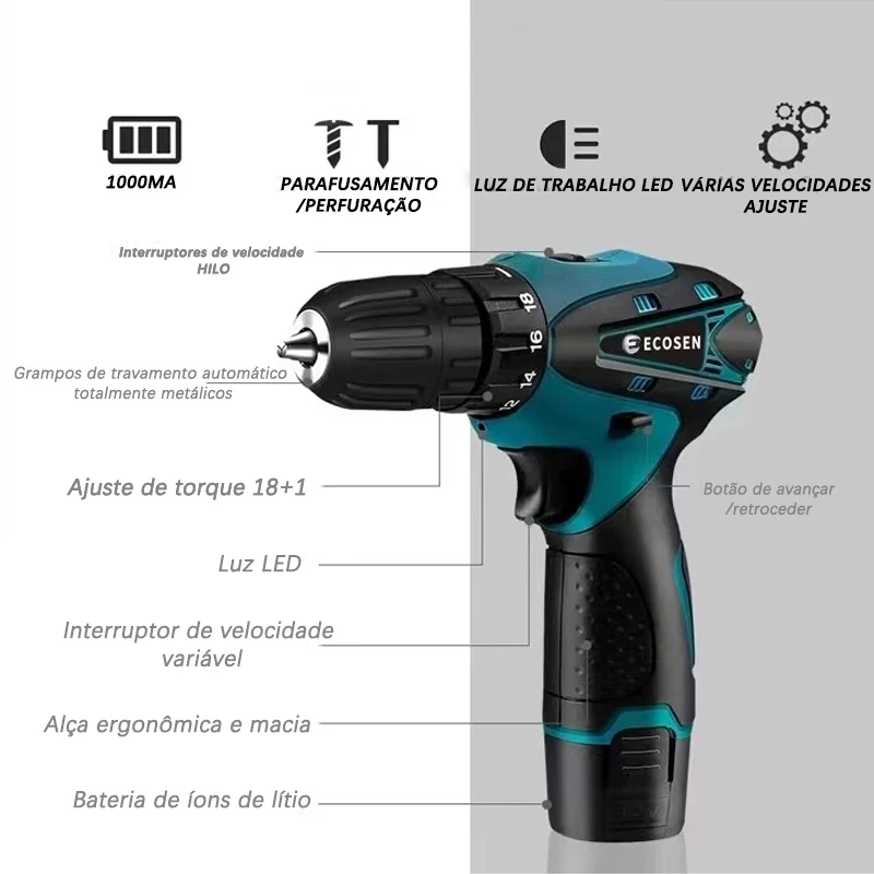 Furadeira, Parafusadeira, Chave de fenda elétrica, bateria 12V, carregador e conector incluído