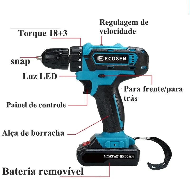 Furadeira, Chave de fenda elétrica, 2 Baterias Maleta, Cor Azul, 110V, 220V, 21V, 28Pcs